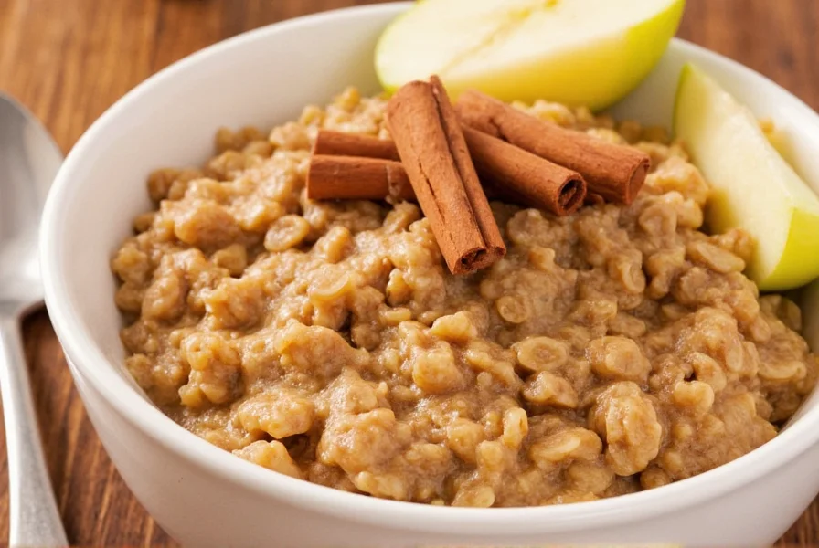 Close-up of prepared Quaker Oats Cinnamon and Spice in a bowl with cinnamon sticks and apple slices as garnish