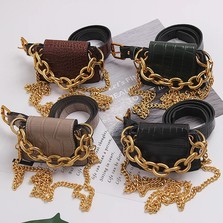 

Hot Selling mini small designer ladies women metal gold chain crocodile pattern leather belt women's fanny pack waist bag