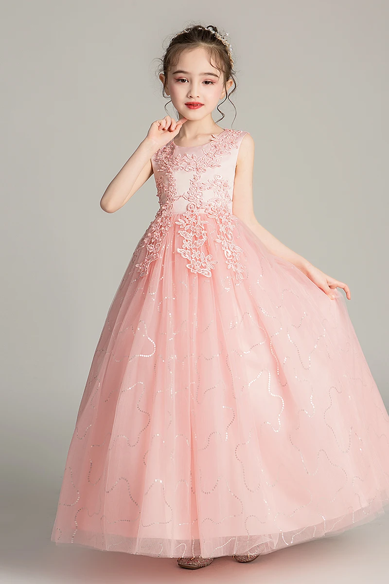 2020 Princess Sleeveless Pink Children Long Dress Kids Ball Gowns ...