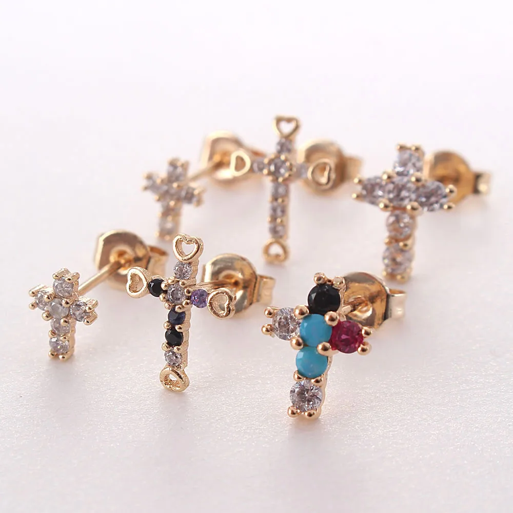 

MHS.SUN Exquisite Cubic Zirconia Stud Earrings Fashion Colorful Cross Earrings Women Religion CZ Jewelry Girls Gift High Quality, Gold