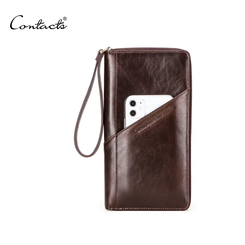 

Contact's new design mens cowhide leather coffee color cell phone pocket pen holder and passport holder handle casual longwallet