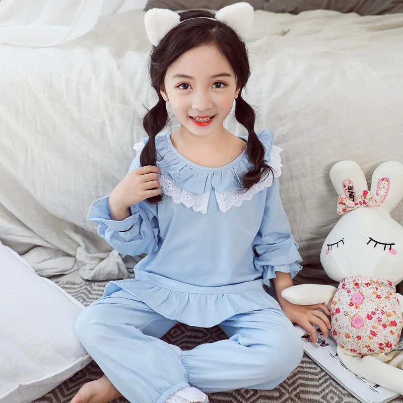 

2020 Amazon INS Aliexpress Popular Hot Selling Sweet Suit Lace Collar Girl Pajamas Kids 2 Pcs Set Cotton Children Sleepwear, Pink,light blue