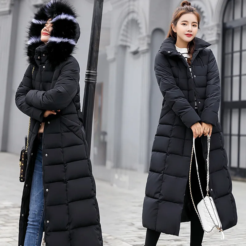 

European fashion style newest arrival elegant women winter coats large fur collar long over-thick thick slim down cotton jacket, 6 colors