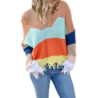 

New Arrivals V Neck Long Sleeve Casual Loose Women Striped Sweater