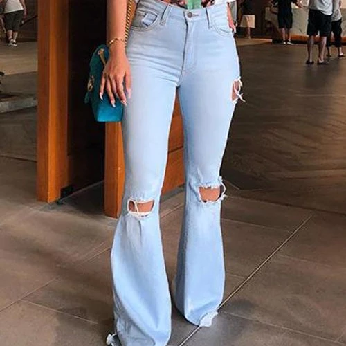 

America Vintage Style High Waist Hole Jeans Women Wide Leg Flared Denim Jeans, Blue, light blue, dark blue, black