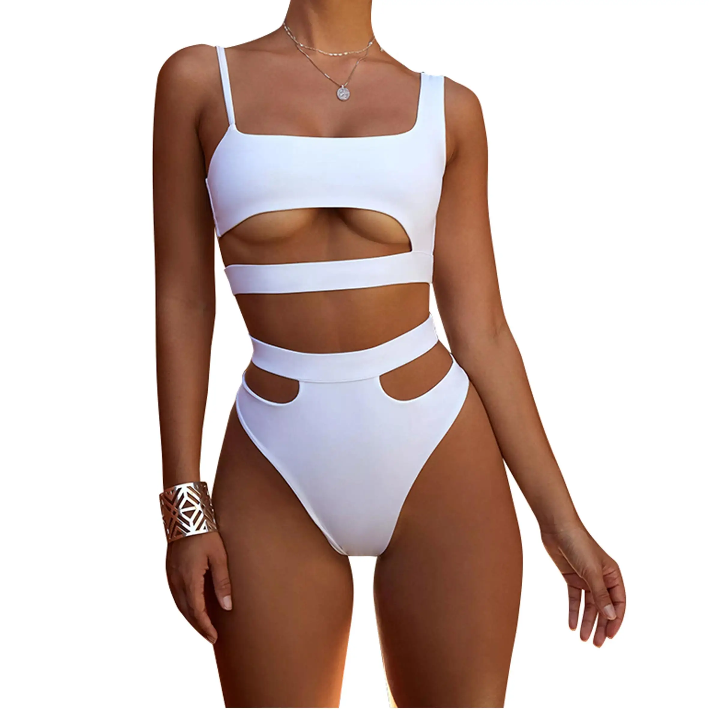 

Hot Sexy White Fashion Women Bathing Suits High Waist Swimwear Hollow out Swim Wear Thong Bikini, As show or customized