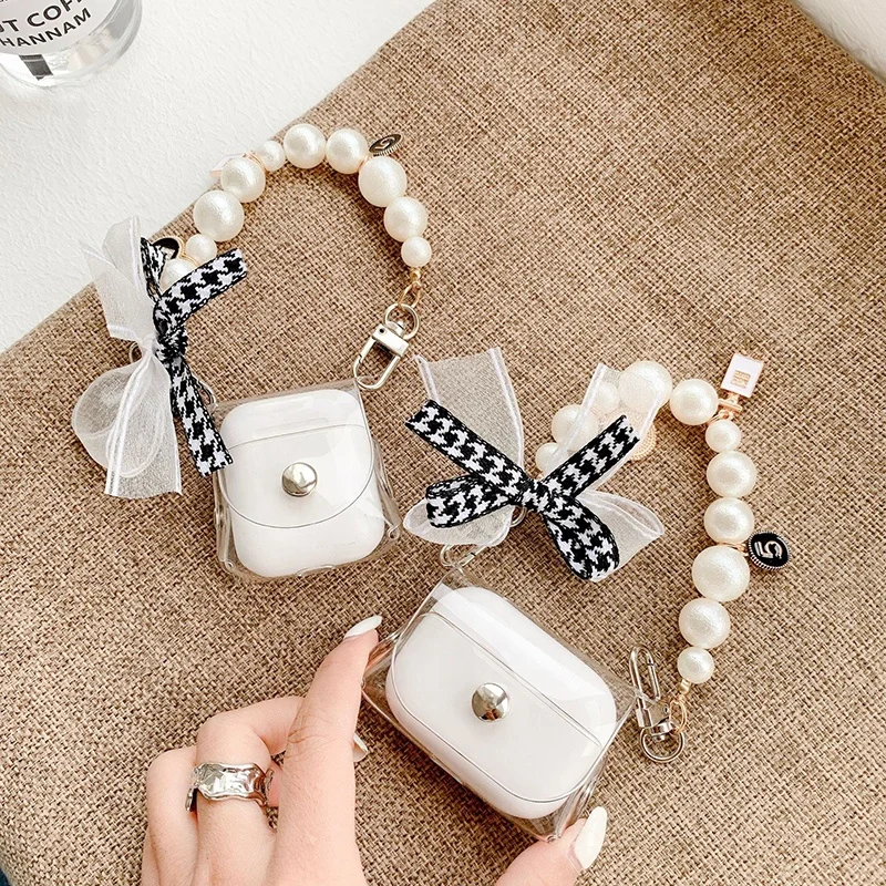 

2021 Fashion Pearl bow bracelet Transparent wireless ipod case for airpods 2nd gen, Exquisite Earphone Box for airpod 2