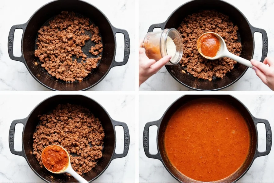 Step-by-step ground pork chili cooking process showing browning meat, adding spices, and final simmering stage in cast iron pot