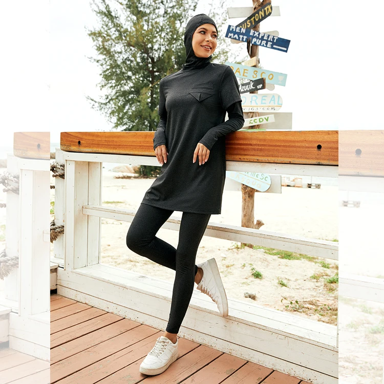 

2022 new fashion design muslim sports wear 3pcs hijab all black modest activewear active wear Outdoor Clothing