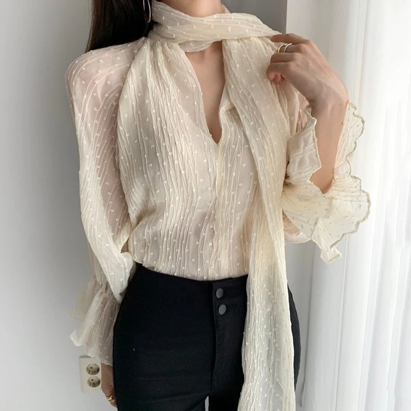 

Wholesale 2021 Spring and Summer Elegant Temperament Pleated Chiffon Shirt V-neck Polka Dot Lace Up Trumpet Sleeve Blouse