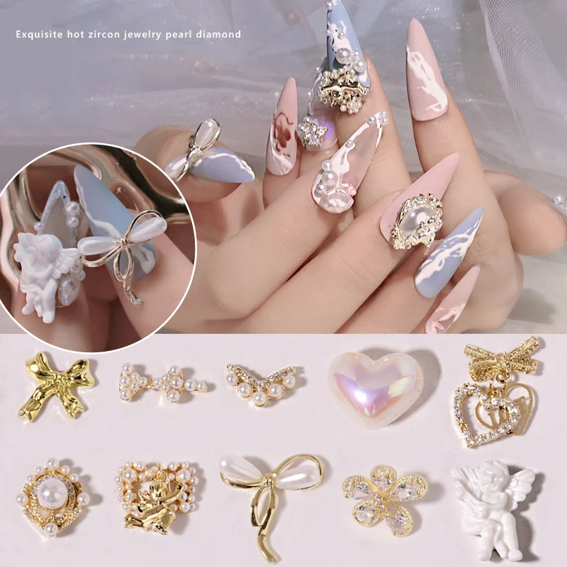 

Luxury Zircon Gold Color Bow knot Pearl Heart Flower 3D Nail Art Finger Nail decorated Beauty Nail Sticker Fashion Accessory