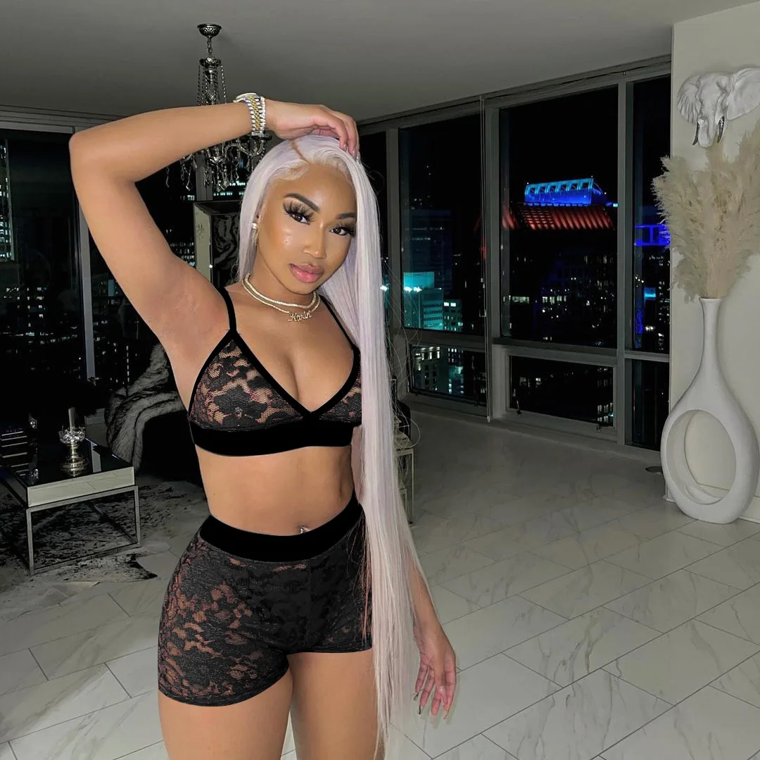 

S-XXL Lace Patchwork Two 2 Piece Set Tracksuit Sexy Beach Party Bra Tops And Short Matching Sets Outfits Sweatsuit C13768