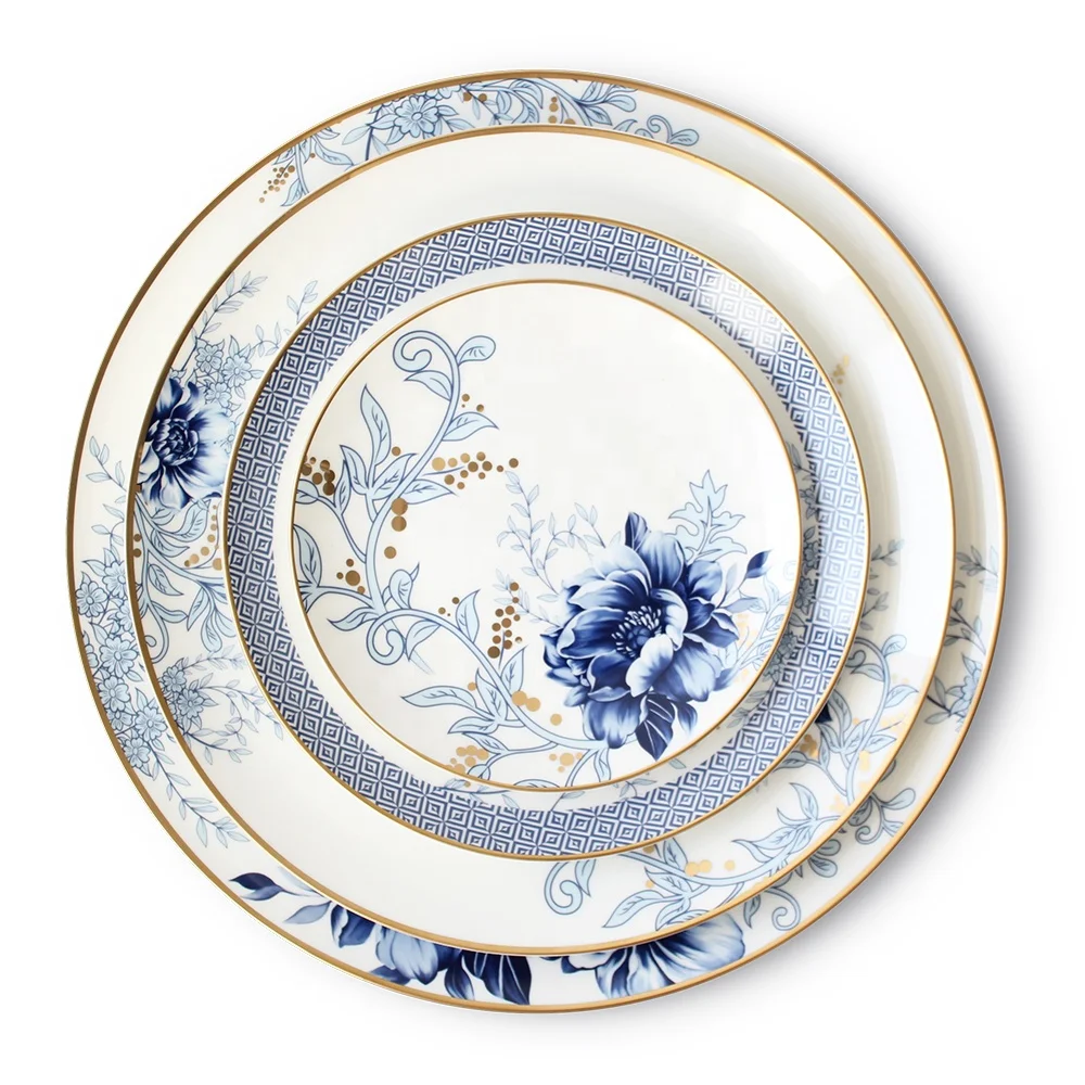 

Innovative products 2021 Ceramic Tableware Set Restaurant porcelain dishes and plates blue and white dinnerware sets, Black + white with gold rim
