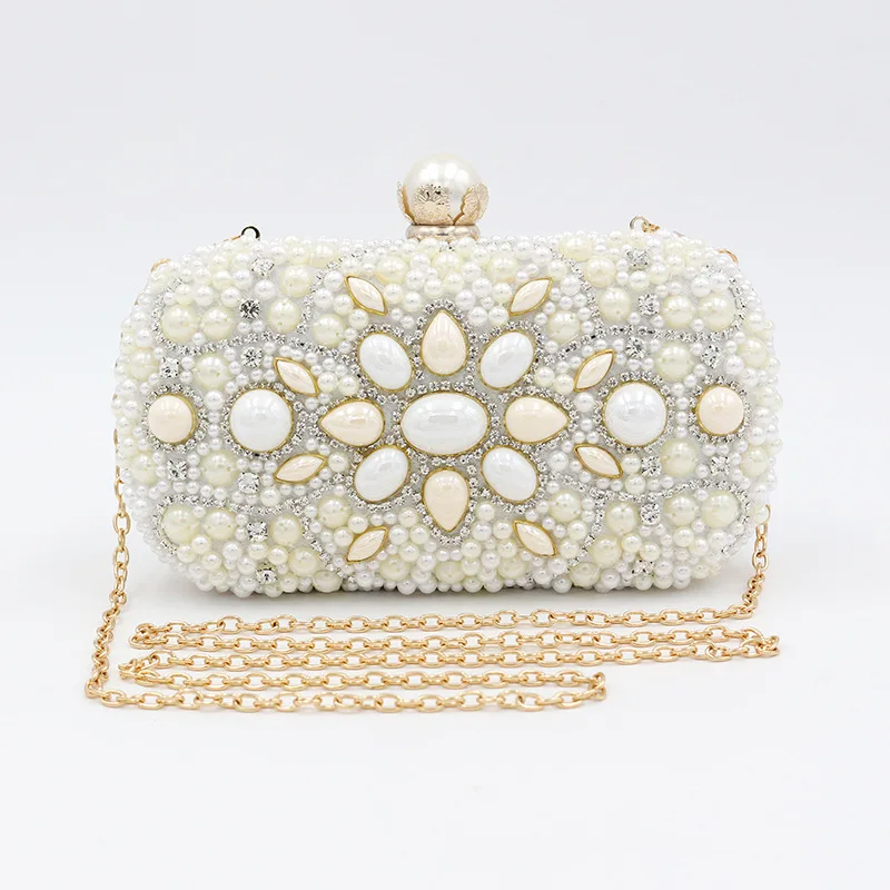 

High quality 2019 new pearl beaded clutch evening bag wedding handbag, White