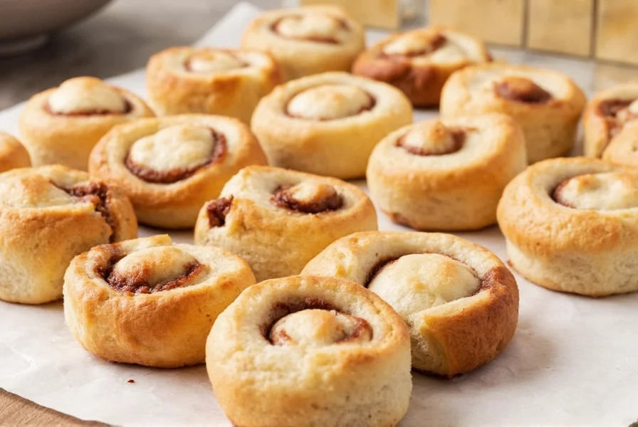 Freshly baked fast cinnamon rolls with glossy icing drizzled on top, served on a rustic wooden plate
