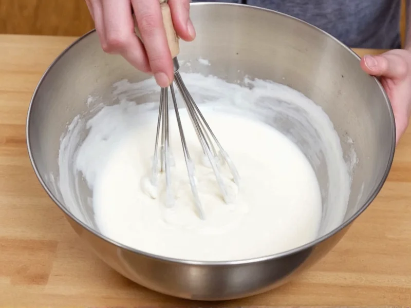 Whipping heavy cream to stiff peaks in metal bowl