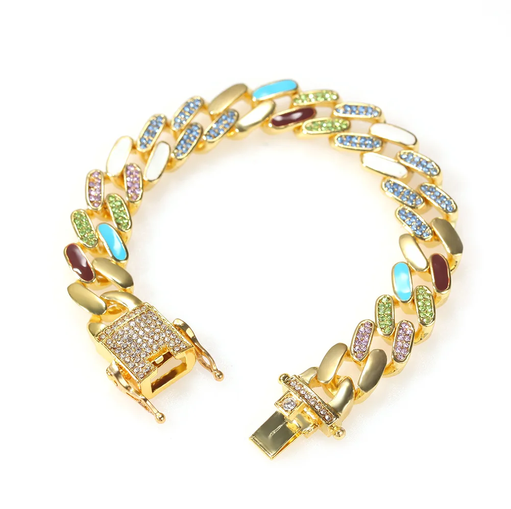 

New Hip Hop Drop Oil Alloy Inlaid Diamond Fashion Cuban Bracelet Trendy Cool Bracelet Of Men Wholesale