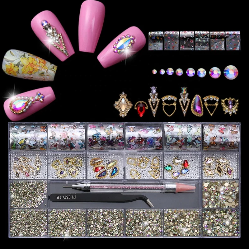 

Wholesale Crystal Nails Various Alloy Charms Transfer Foil Decoration AB Flat Back Non Hot Fix Glass Rhinestones Nail Art, Mixed color