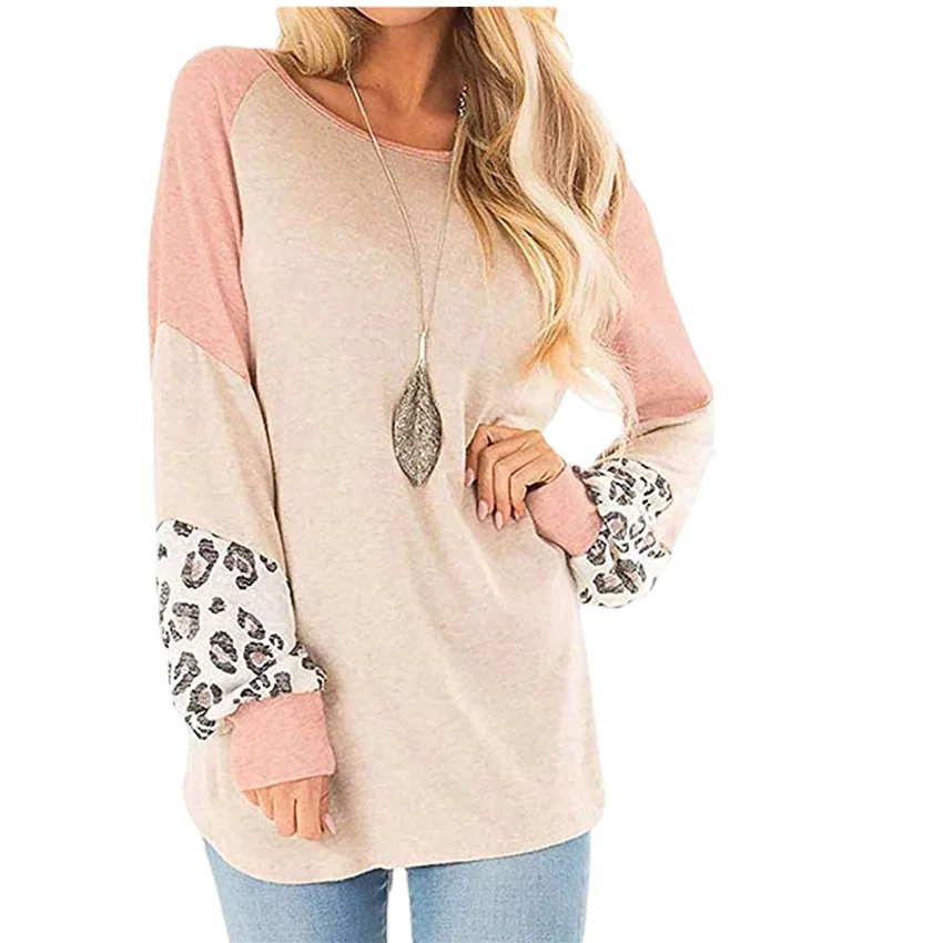 

2020 Casual O-neck Leopard Print Stitching Loose Long Sleeve Hoodies, Colors