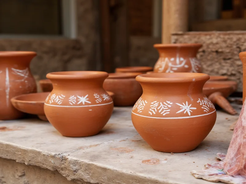Painted terracotta pots with geometric designs on worktable