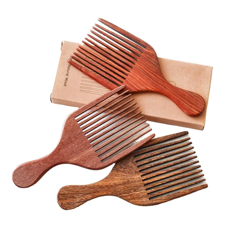 

High Quality Eco-friendly Handmade Sandalwood Wide Tooth Afro Pick Comb Beard Pick Comb, Natural
