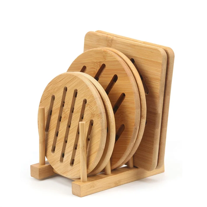 

Eco Friendly Square Bamboo Trivet Mat Hot Pot Holder Pads Coasters
