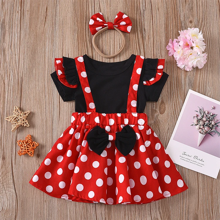 

0-3T Newborn Toddler Lovely Cartoon Style Short Ruffle Sleeves Baby Girls Summer Dresses Kids Clothing 3 Piece Skirt Set, As pic