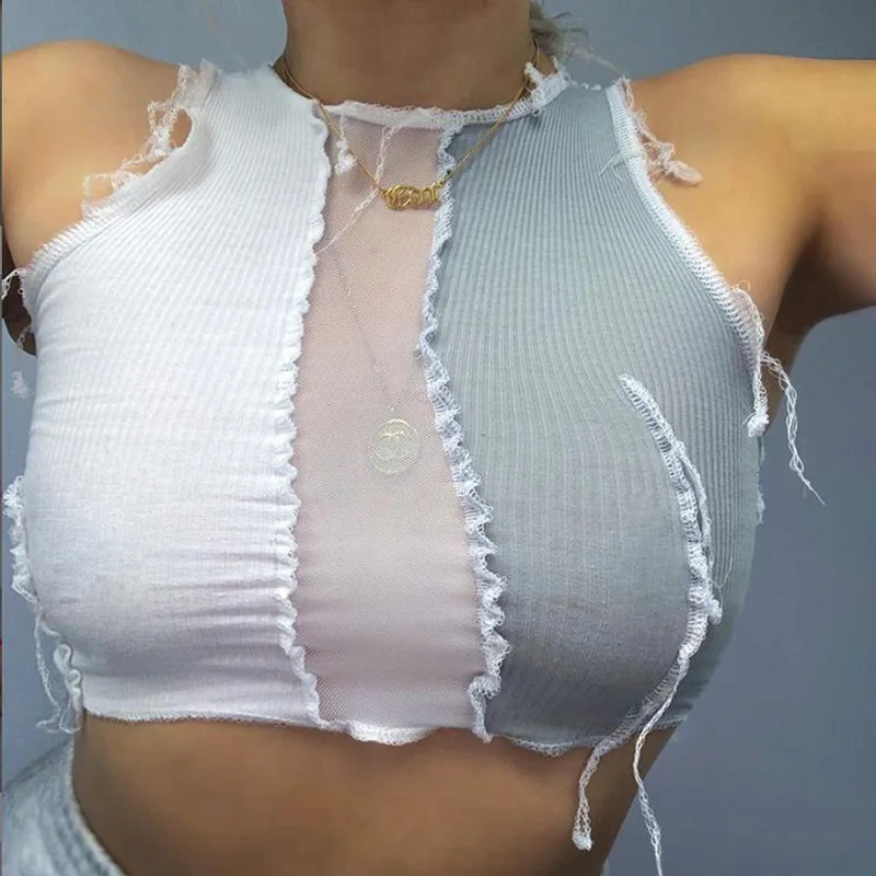

Fashion See Through Contrast Patchwork Mesh Sexy Tank Crop Tops Women