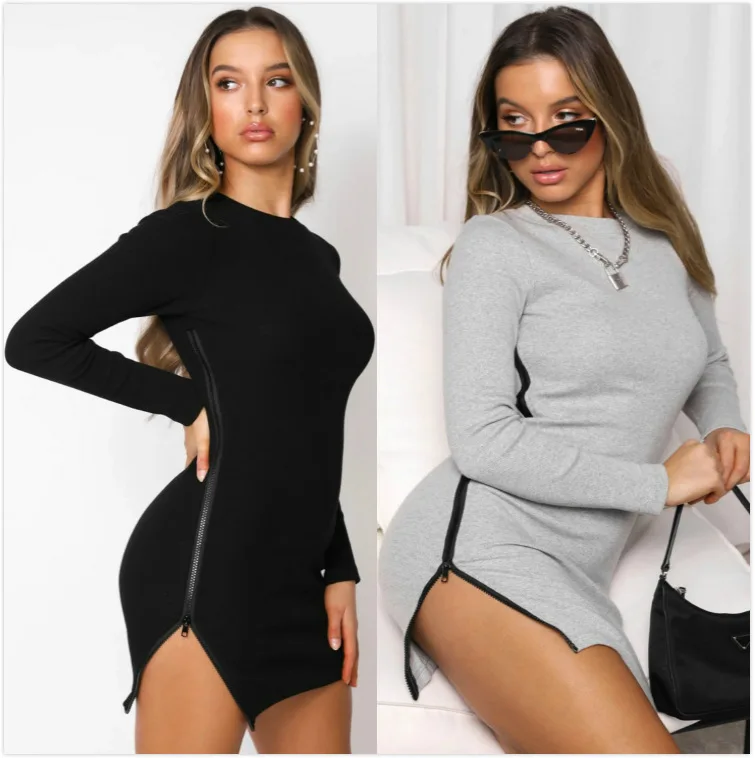 

Latest Design Long Sleeve Patchwork Hoodie Mini Dress With Front Zipper, Customized