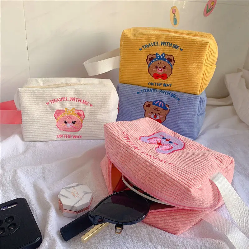 

Corduroy Cartoon Embroidery Student Pencil Bag Cute Bear girls Makeup Pouch Storage Bag Portable Handle Cosmetic Bag, Customized color