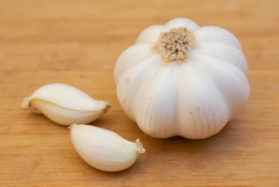 Four medium garlic cloves next to a tablespoon measurement
