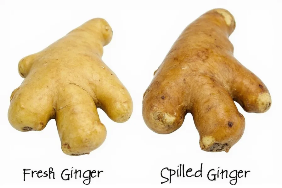 Comparison of fresh ginger root versus spoiled ginger showing mold and discoloration