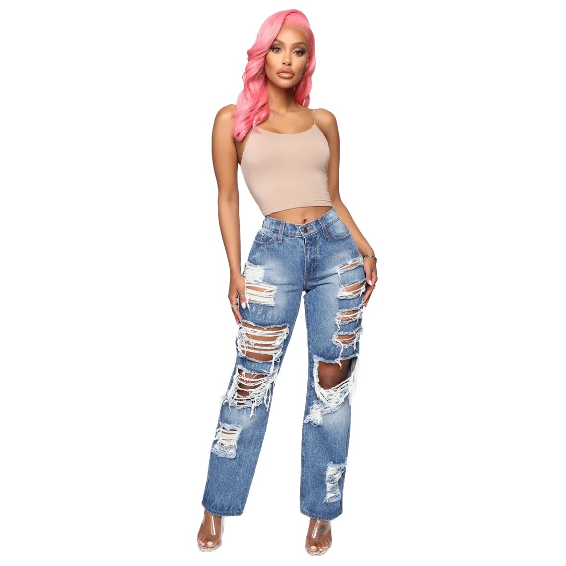 

2021 Summer Comfy Stretch Women Washed Ripped Jeans Loose Denim Pants Baggy Mom Jeans