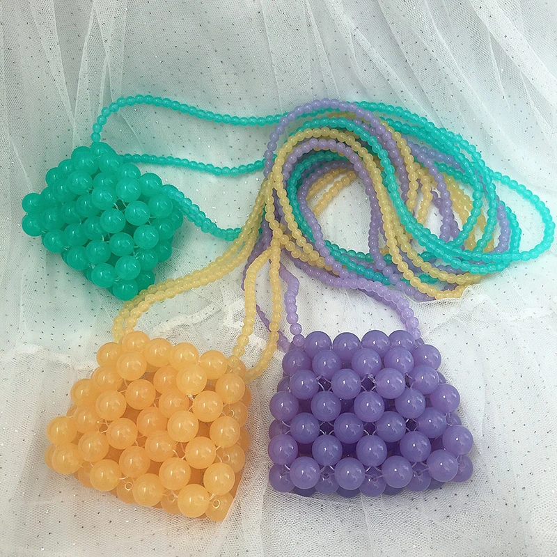 

Womens Mini Acrylic Beaded Weave Pearl Shoulder Bag Handmade Coin Purse Handbag Crystal Evening Small Colorful Clutch Bag