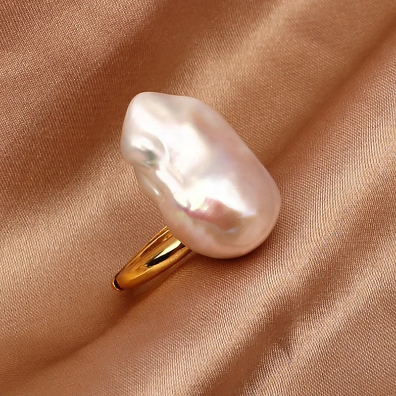

Solid 925 silver gold plated AAA high quality big baroque pearl ring jewelry