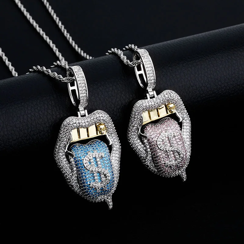

Hiphop Cubic Zirconia Cz Iced Out Bling Women Girl Jewelry Tennis Chain Dollar Lip Pendant Necklace, Siver,steel corol, gold, rose gold,customized