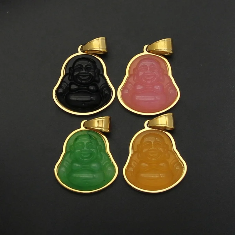 

New 18K Gold Stainless Steel Inlaid Jade Necklace Buddha Pendant, Gold color