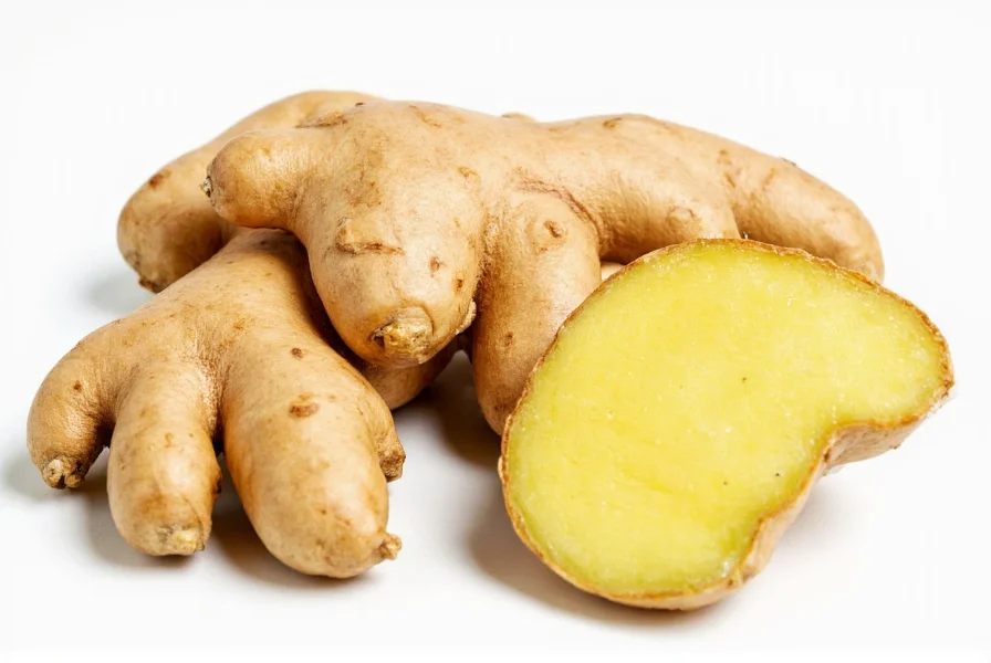 Fresh ginger root with sliced pieces showing its fibrous interior