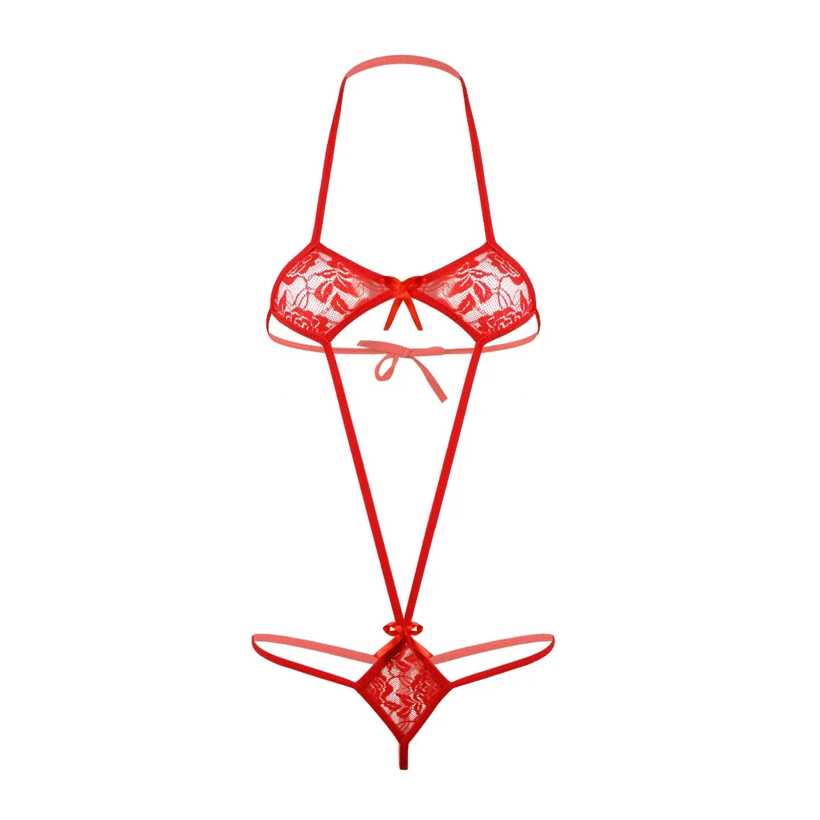 

Custom Womens Lace Monokini Bowknot Halter Neck Lace-Up Micro Bikini Bodysuit Swimsuit Lingerie
