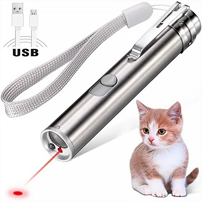 

New Arrival 3 In 1 USB Charging Laser Funny Cat Stick Cat Toys Indoor Playing Interactive Cat Laser Pointer Pen, Silver