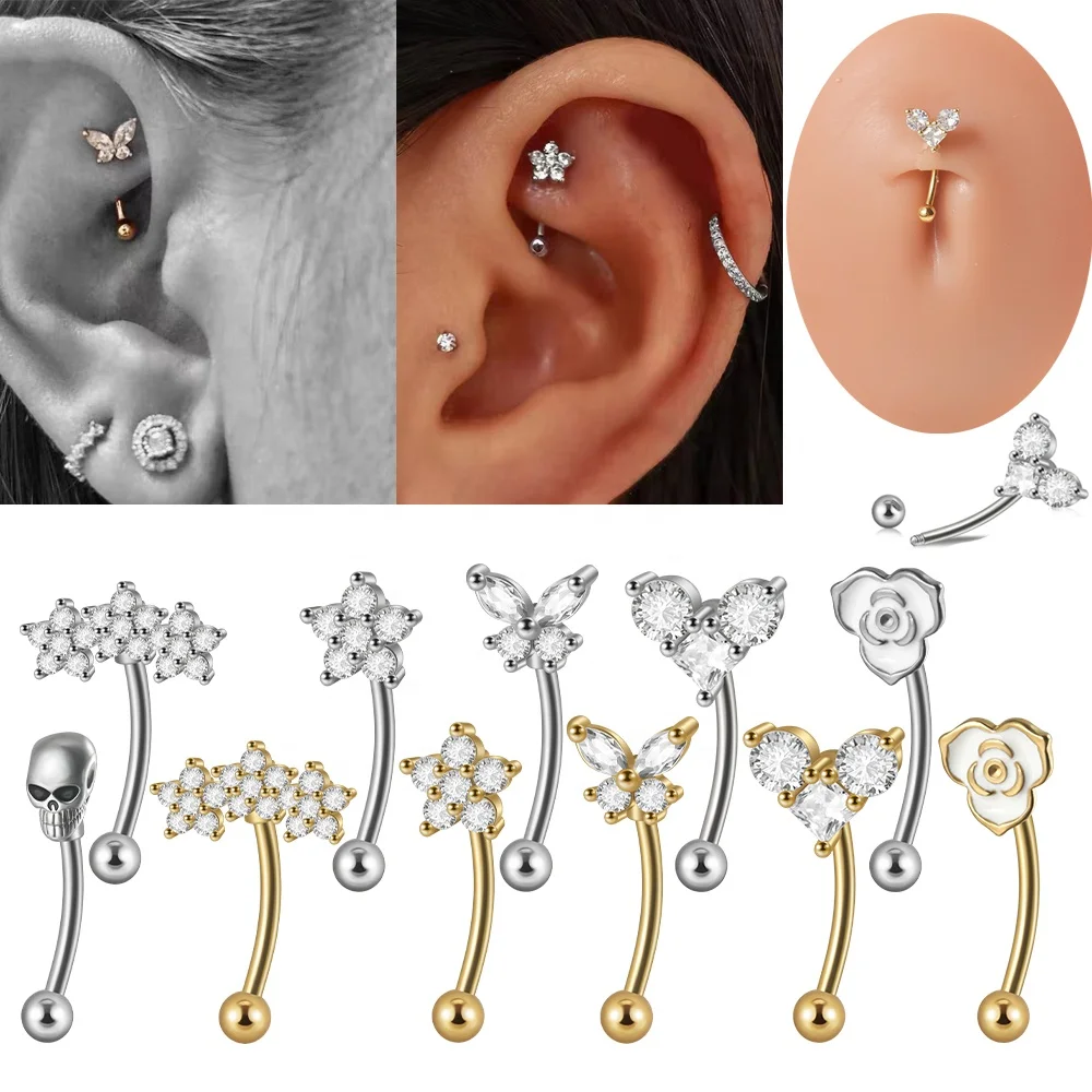

Surgical Steel Butterfly Skull Cz Belly Button Eyebrow Ring Curved Barbell Ear Cartilage Tragus Helix Body Piercing Jewelry