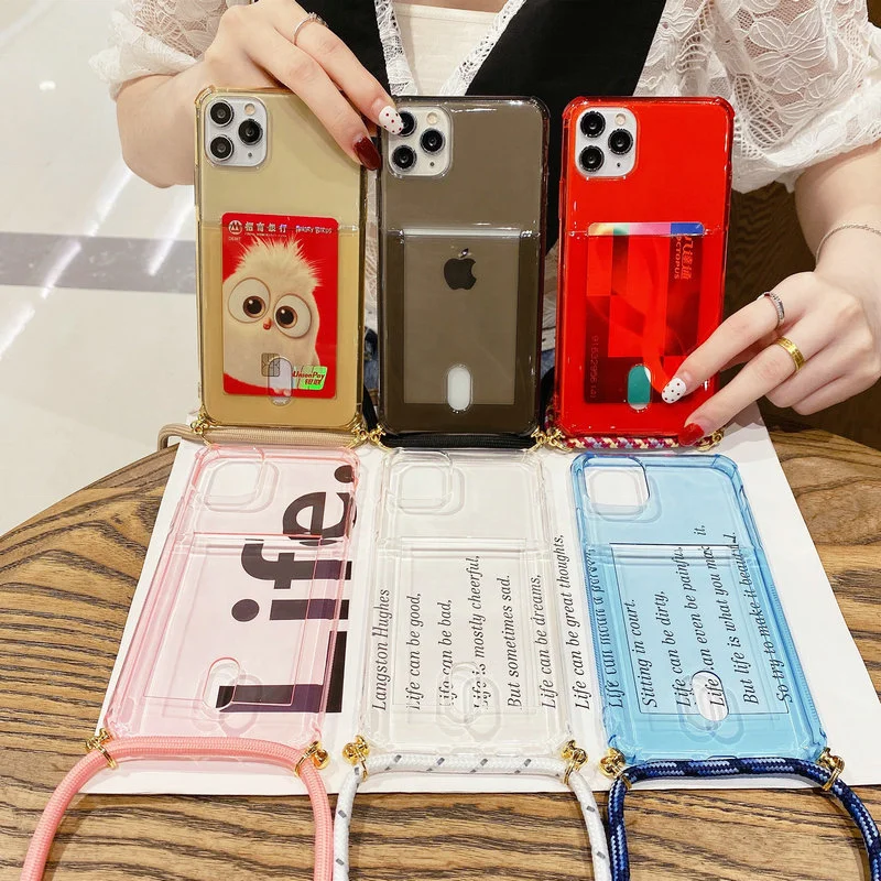 

Free Sample Cross Body Strap Transparent TPU Card Holder Pocket Necklace Lanyard Phone Case For iPhone 11 Pro, Multi colors