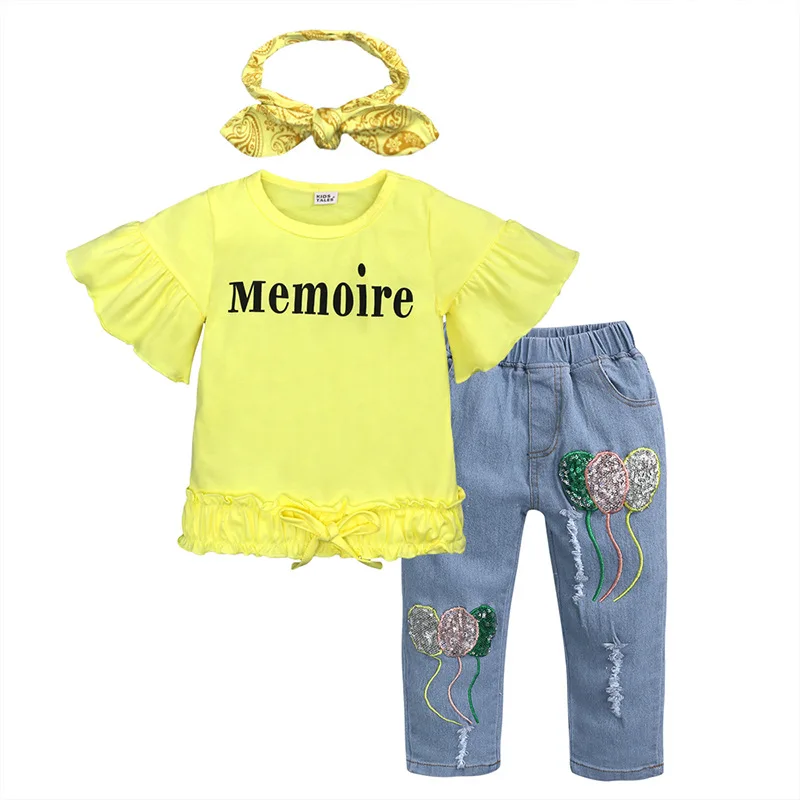 

Children's Clothing Yellow Flared Sleeve T Shirt Sequined Jeans Headwear Kids Girl Three Piece Set