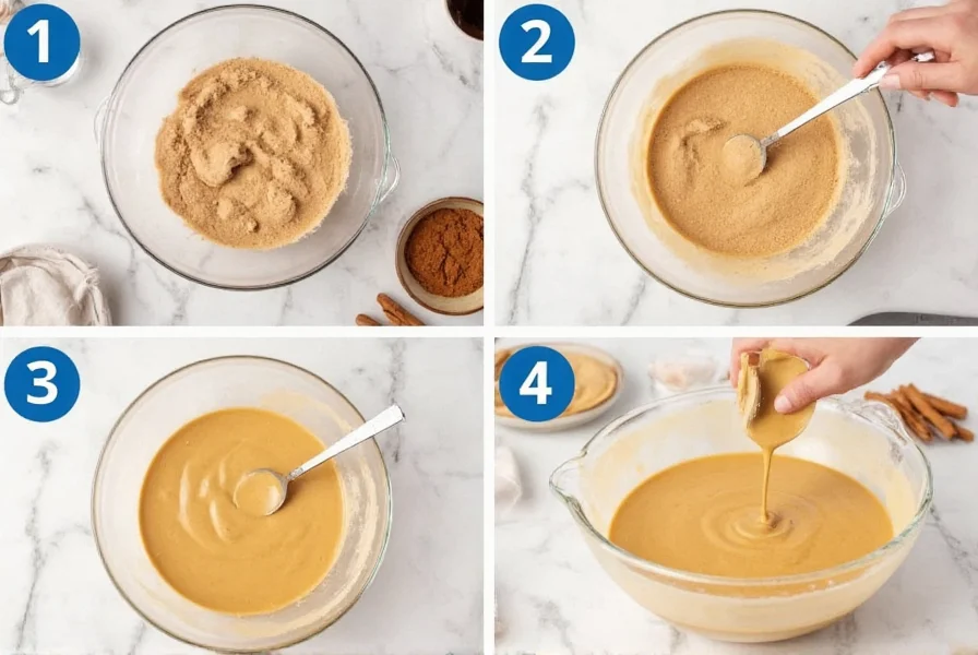 Step-by-step preparation of cinnamon icing in a mixing bowl with measuring spoons and cinnamon sticks