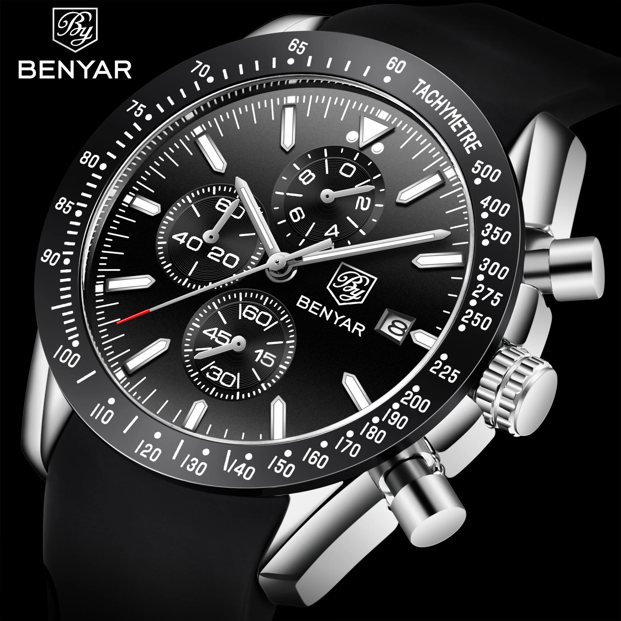
OEM 2020 Benyar 5140 analog silicon strap wristwatch for men custom logo reloj hombre chronograph quartz watch men wrist watches 