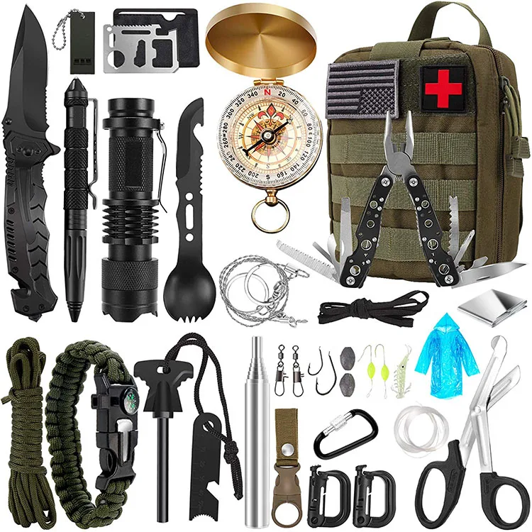 

Wholesale camping and hiking products outdoor survival kit tool multifunctional field survival compass first aid kit tools set, Khaki/black