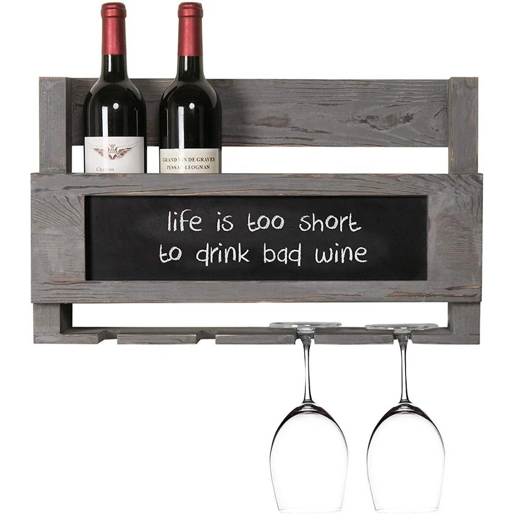 

Rustic Grey Wood Wall Mounted Wine Glass Bottle Rack with Chalkboard