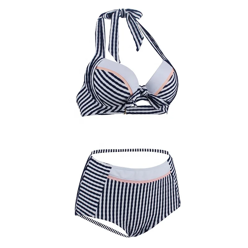 

Hot Sale Jacquard High Waist Underwire Gathered Plus Size Striped Swimwear Women's Plus size bathing suits 1934, Picture
