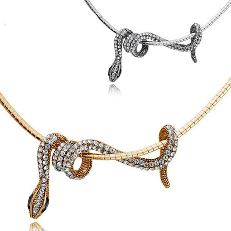 

Luxury Jewelry Verified Supplier Gold Plated Chian Crystal Rhinestone Choker Snake Necklace, Gold/sliver