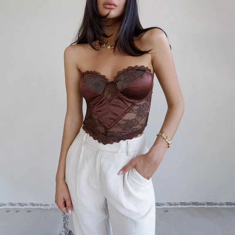 

2022 Summer New Sexy Slimming Vest With Breast Cup Lace Tube Sleeveless Top For Ladies, As picture